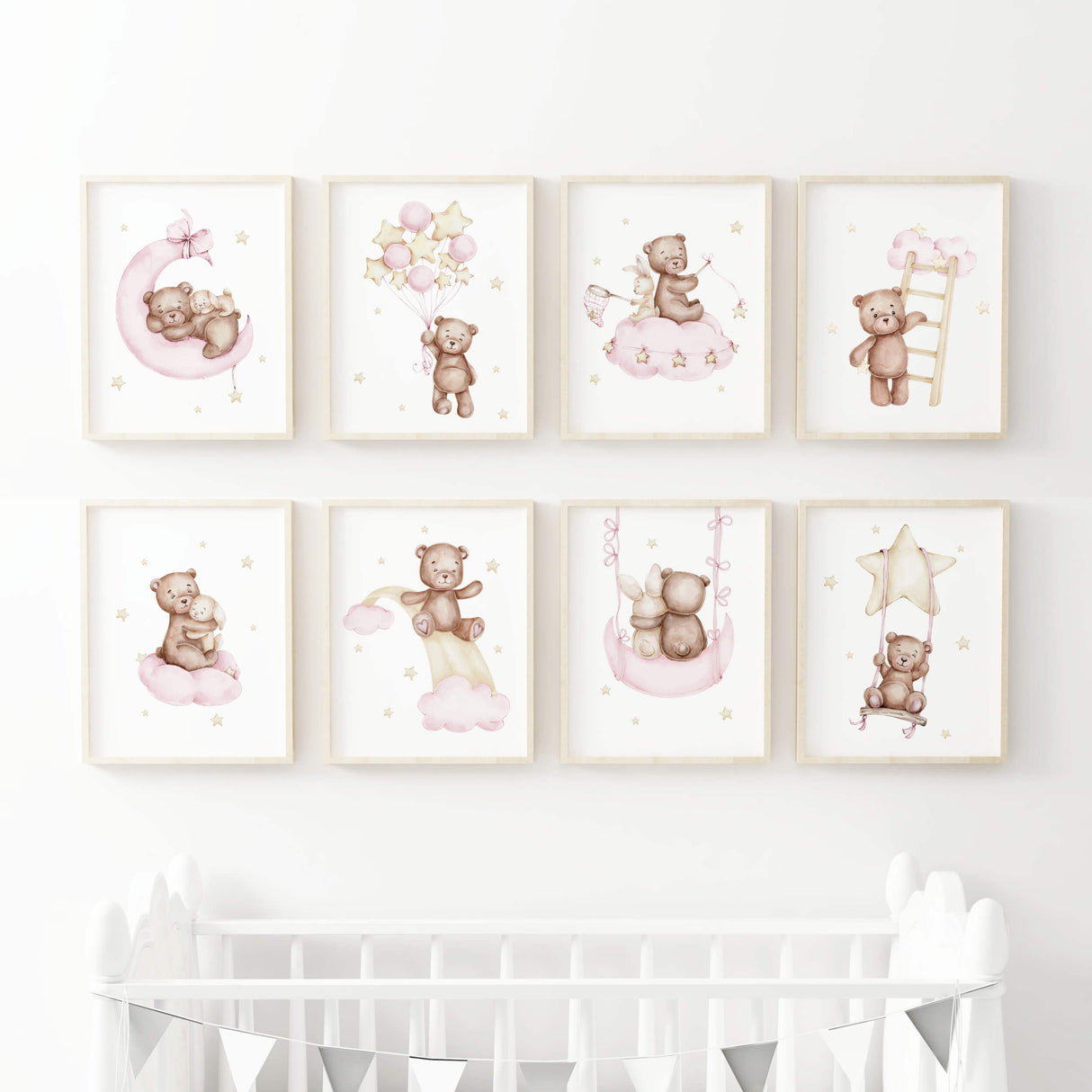 Set of 8 watercolor teddy bear with bunny poster in pink, brown, yellow colors for baby girls room decor and white nursery decor.