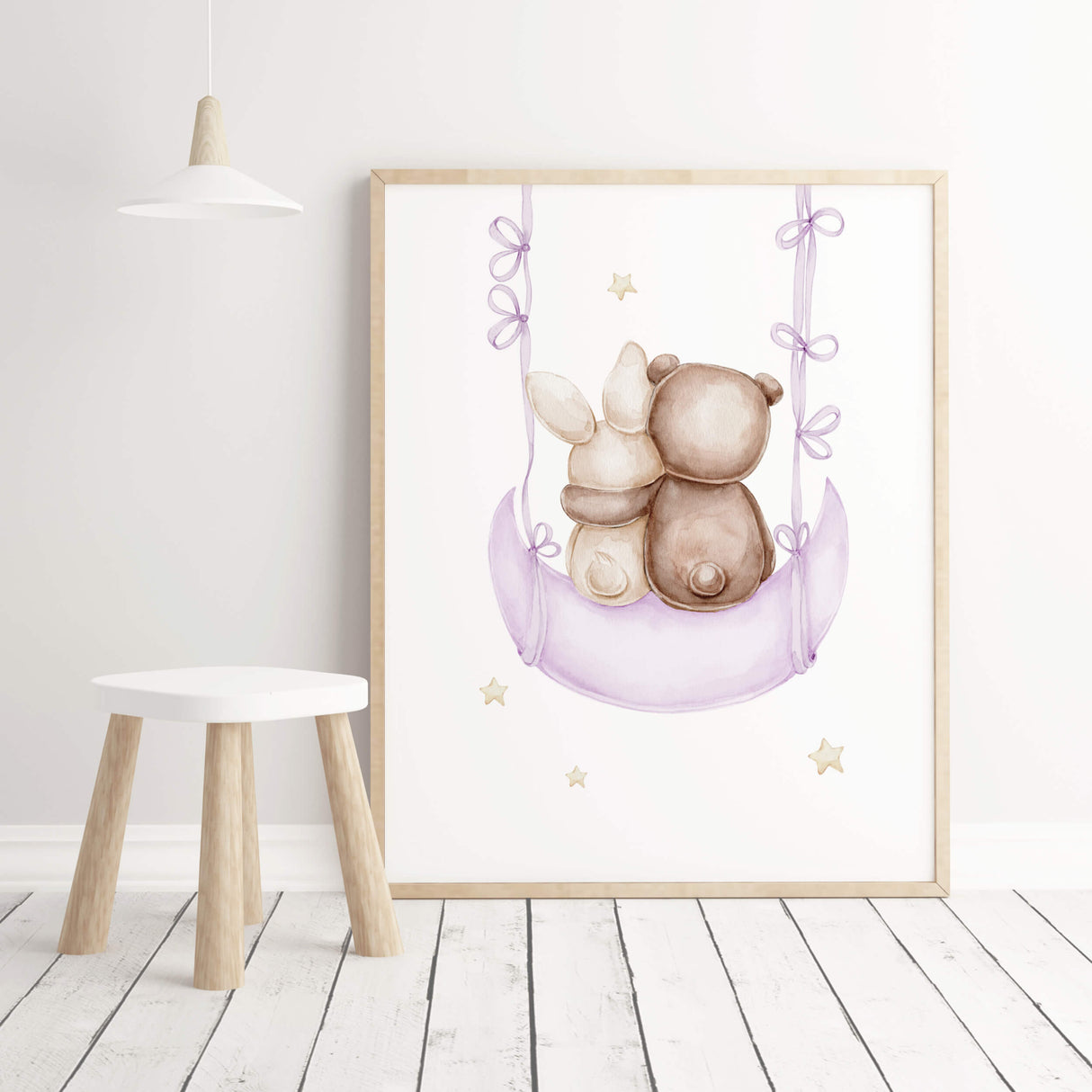 Watercolor teddy bear with bunny on the moon print in purple, brown, yellow colors for baby girls room decor and lilac nursery decor.
