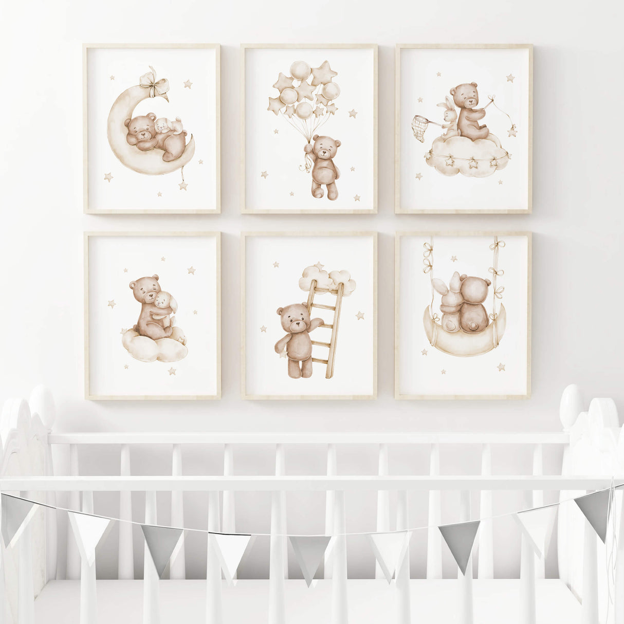 Set of 6 watercolor beige brown teddy bear printable for gender neutral nursery ideas, decor, baby girls room decor, boys room decor, toddler room decor.