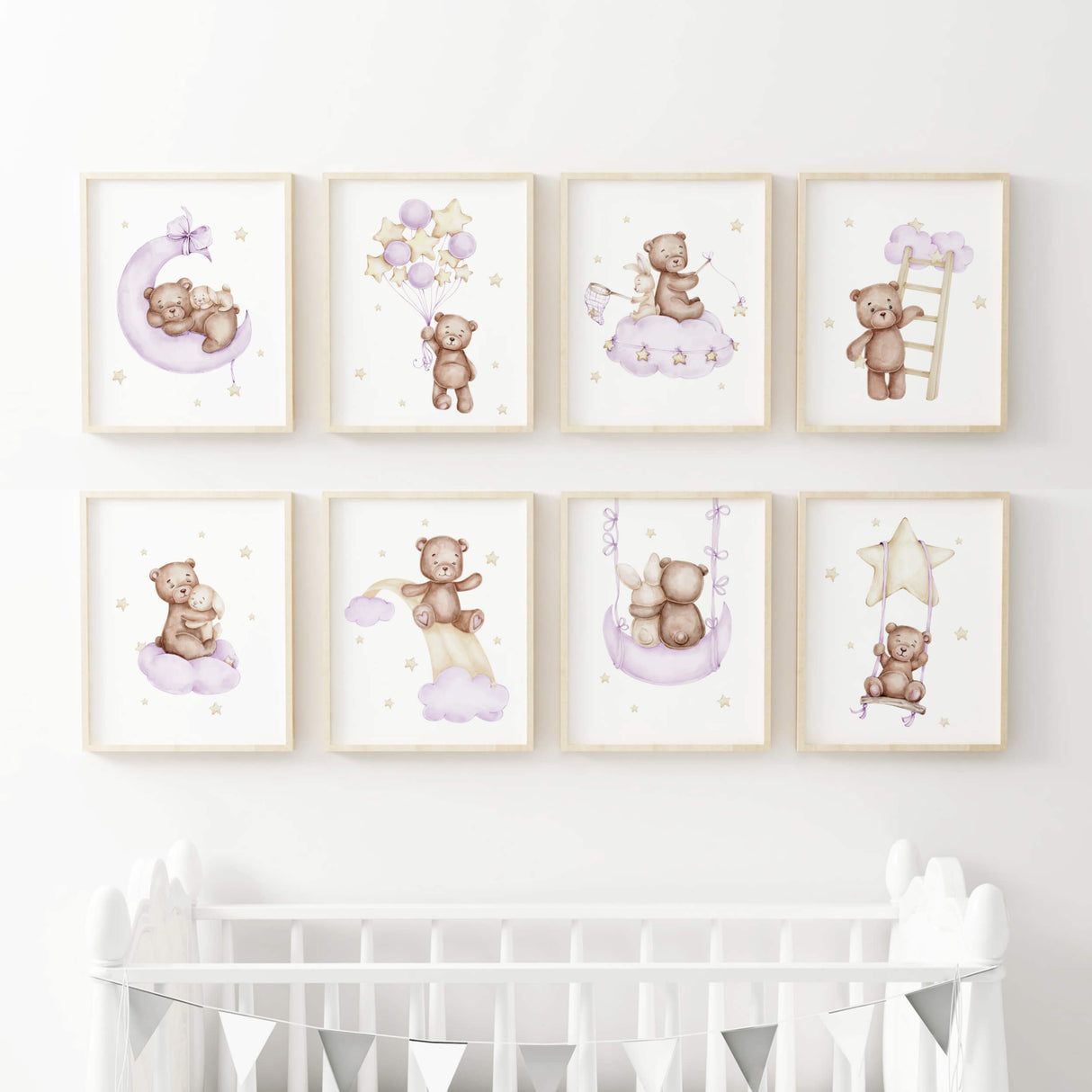 Watercolor purple teddy bear with bunny poster in purple, brown and yellow colors for baby girls room decor and purple nursery decor.