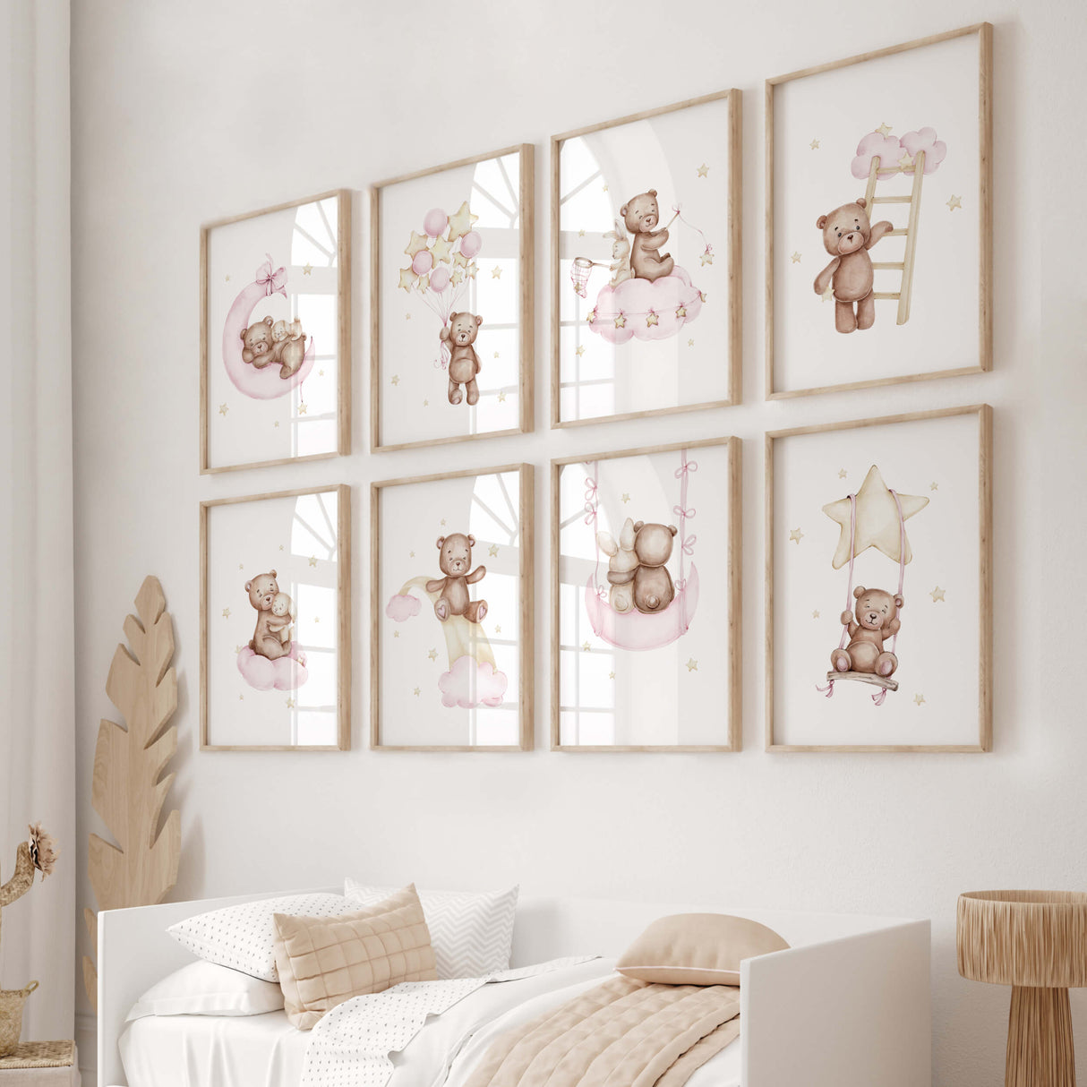 Set of 8 watercolor teddy bear with bunny printable in pink, brown, yellow colors for baby girls room decor and white nursery decor.