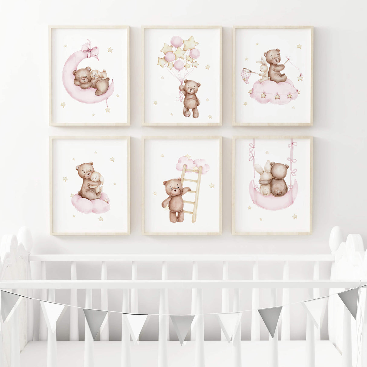 Set of 4 watercolor teddy bear with bunny on the cloud and moon printable in light pink, brown and yellow colors for pastel baby girls room decor.