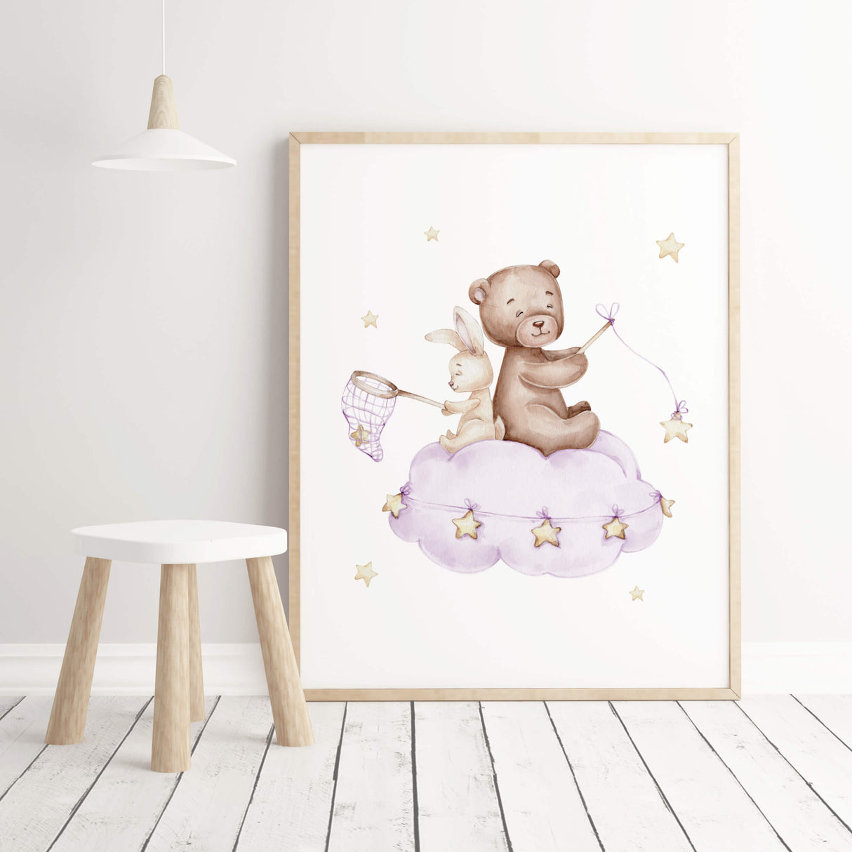 Watercolor teddy bear with bunny on the moon poster in purple, brown, yellow colors for baby girls room decor and purple and yellower nursery decor.