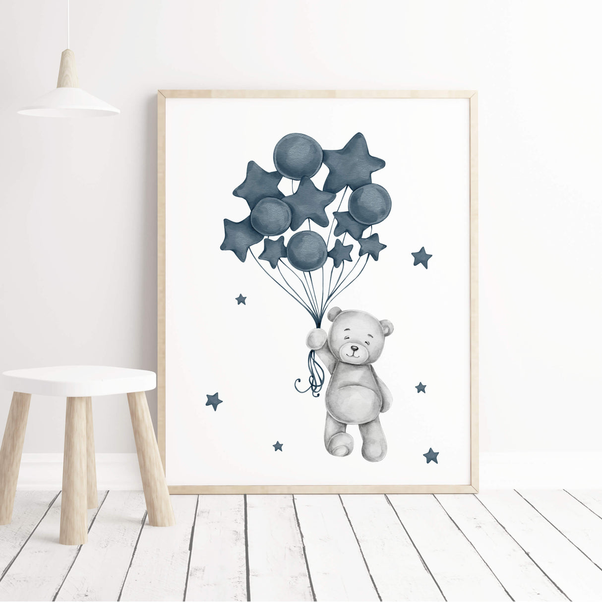 Watercolor teddy bear printable with balloon, stars, rainbow in "panel dark blue" and gray colors for baby boys room decor, toddler room decor.