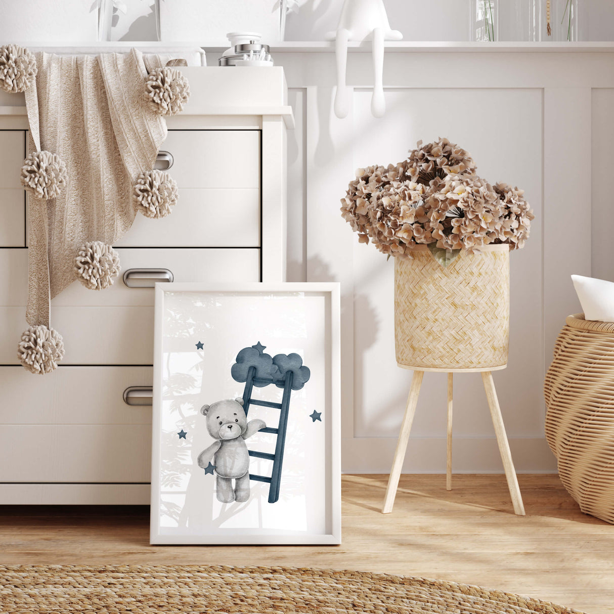 Watercolor teddy bear poster with balloon, stars, rainbow in "panel dark blue" and gray colors for baby boys room decor, toddler room decor.