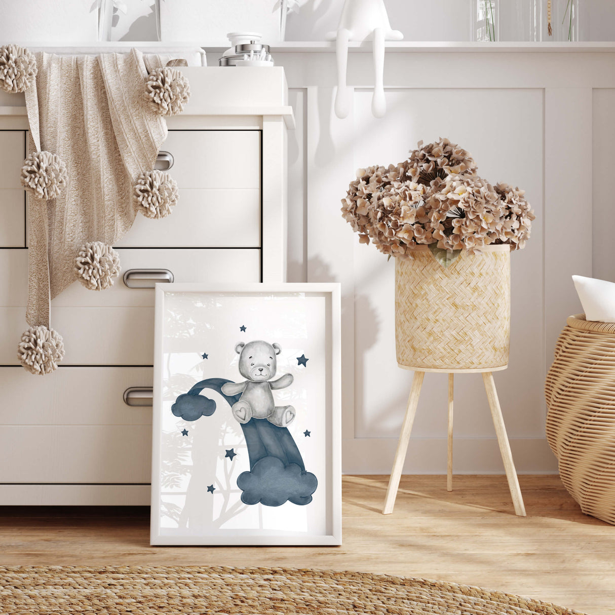 Watercolor teddy bear printable with balloon, stars, rainbow in "panel dark blue" and gray colors for baby boys room decor, toddler room decor.