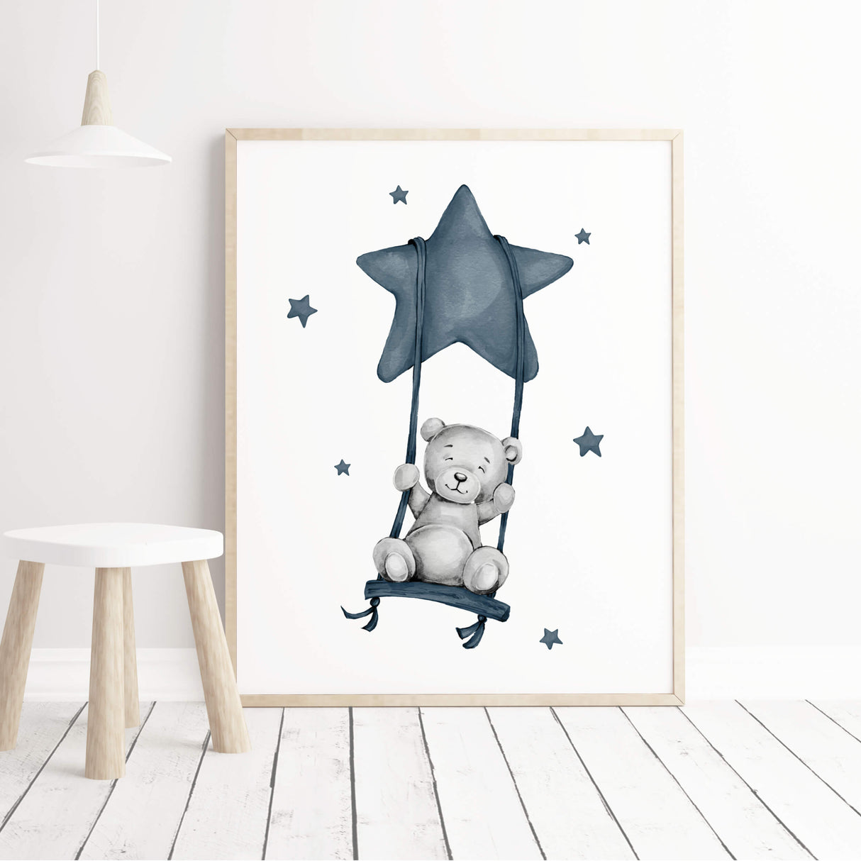 Watercolor teddy bear poster with balloon, stars, rainbow in "panel dark blue" and gray colors for baby boys room decor, toddler room decor.