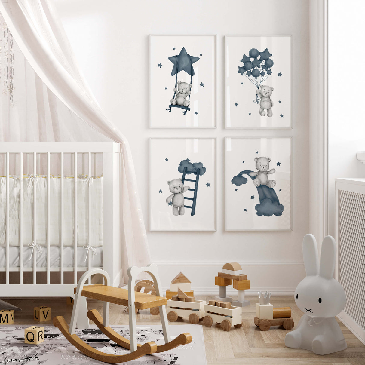 Watercolor teddy bear poster with balloon, stars, rainbow in "panel dark blue" and gray colors for baby boys room decor, toddler room decor.