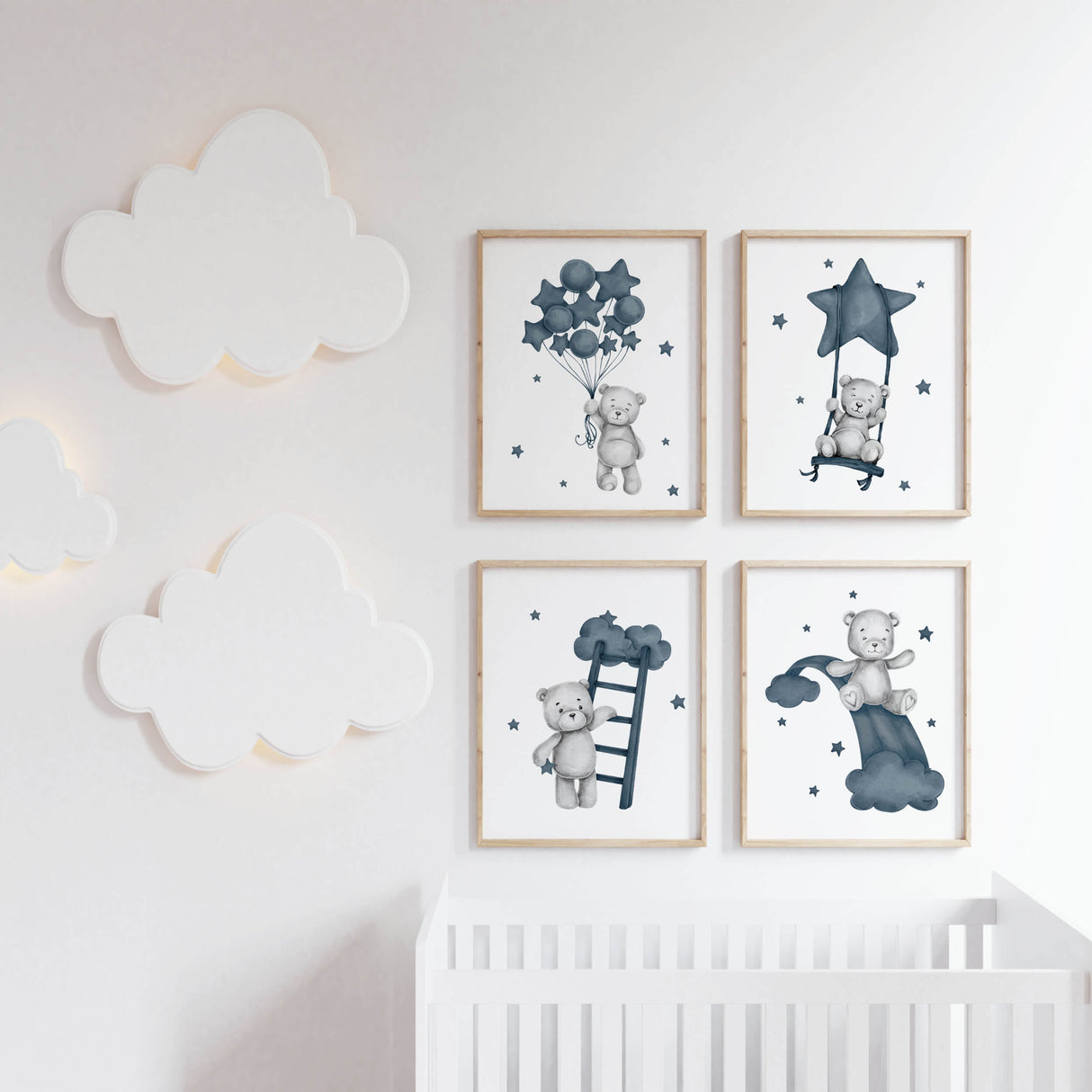 Watercolor teddy bear print with balloon, stars, rainbow in "panel dark blue" and gray colors for baby boys room decor, toddler room decor.