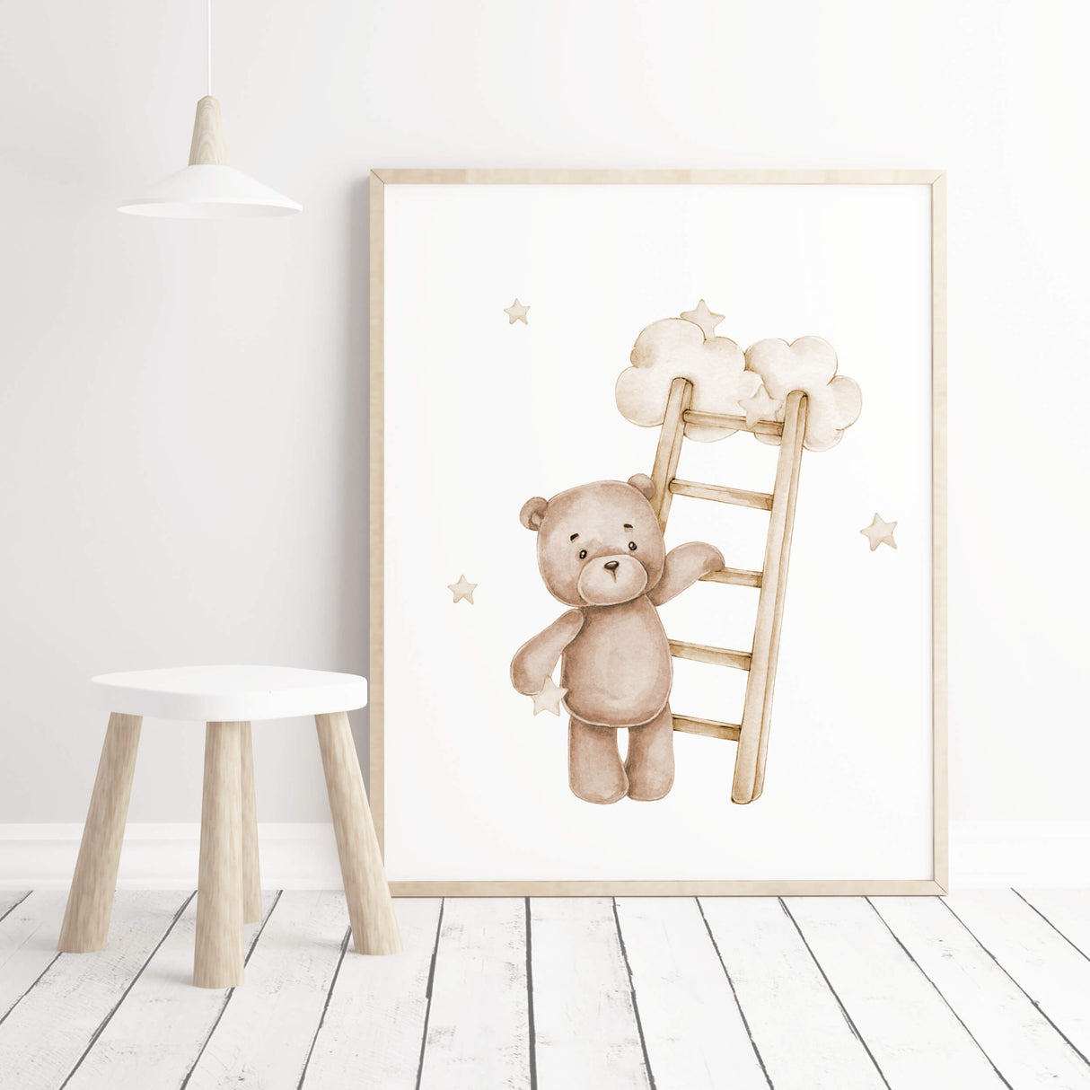 Watercolor teddy bear
on a ladder in beige and brown colors for gender neutral nursery ideas, decor, girls room decor, toddler room decor.