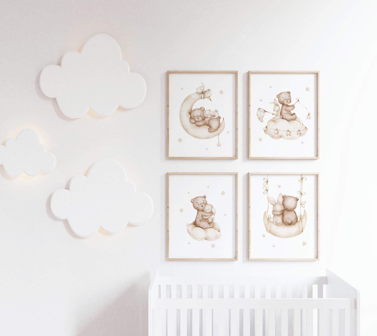 Set of 4 watercolor beige brown teddy bear with bunny printable for gender neutral nursery decor.
