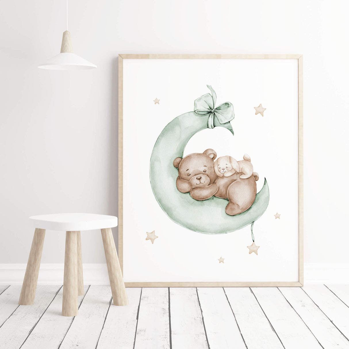 Watercolor teddy bear with bunny on the cloud print in brown, beige, yellow and sage green colors print for gender neutral nursery decor, baby girls room decor, boys room decor.