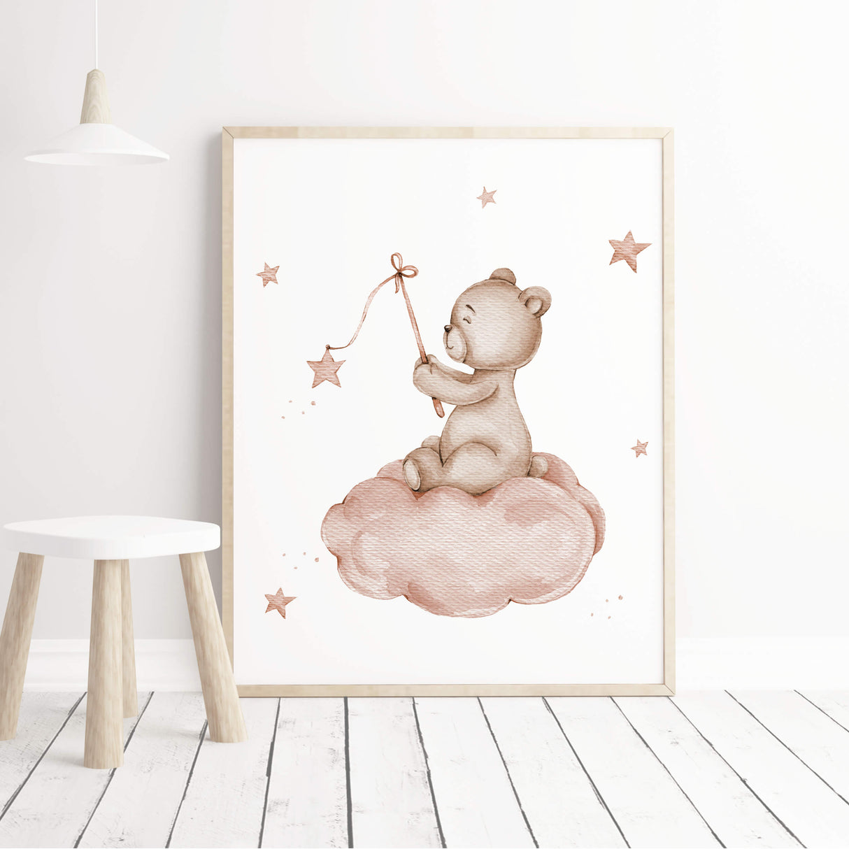 Watercolor brown terracotta teddy bear on cloud print for neutral nursery decor.