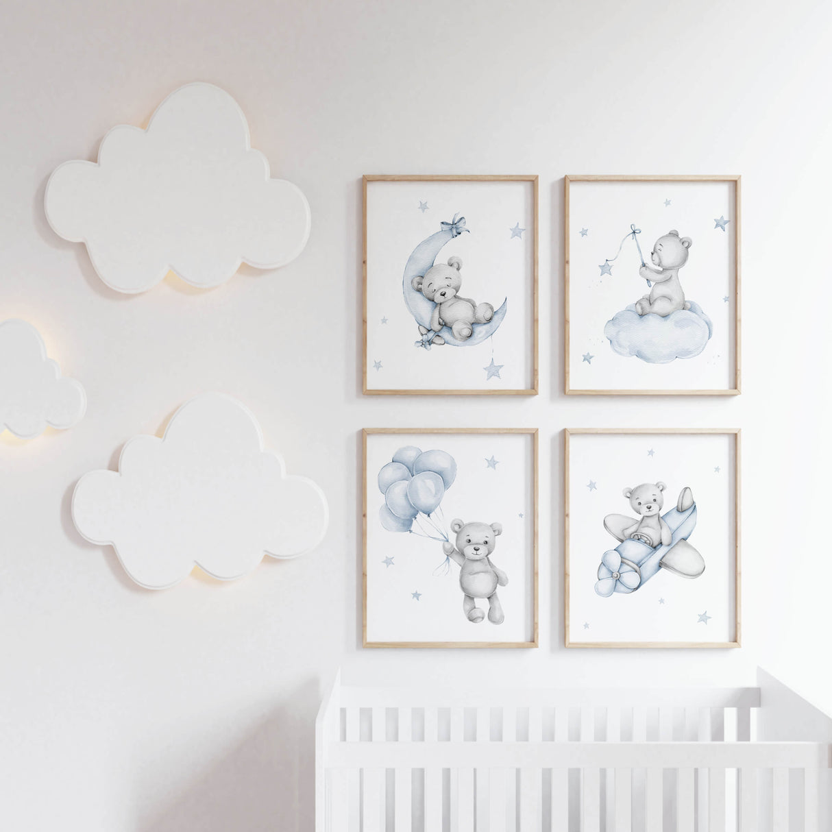 Set of 4 watercolor light blue and gray teddy bear printable for toddler and baby boys room decor.