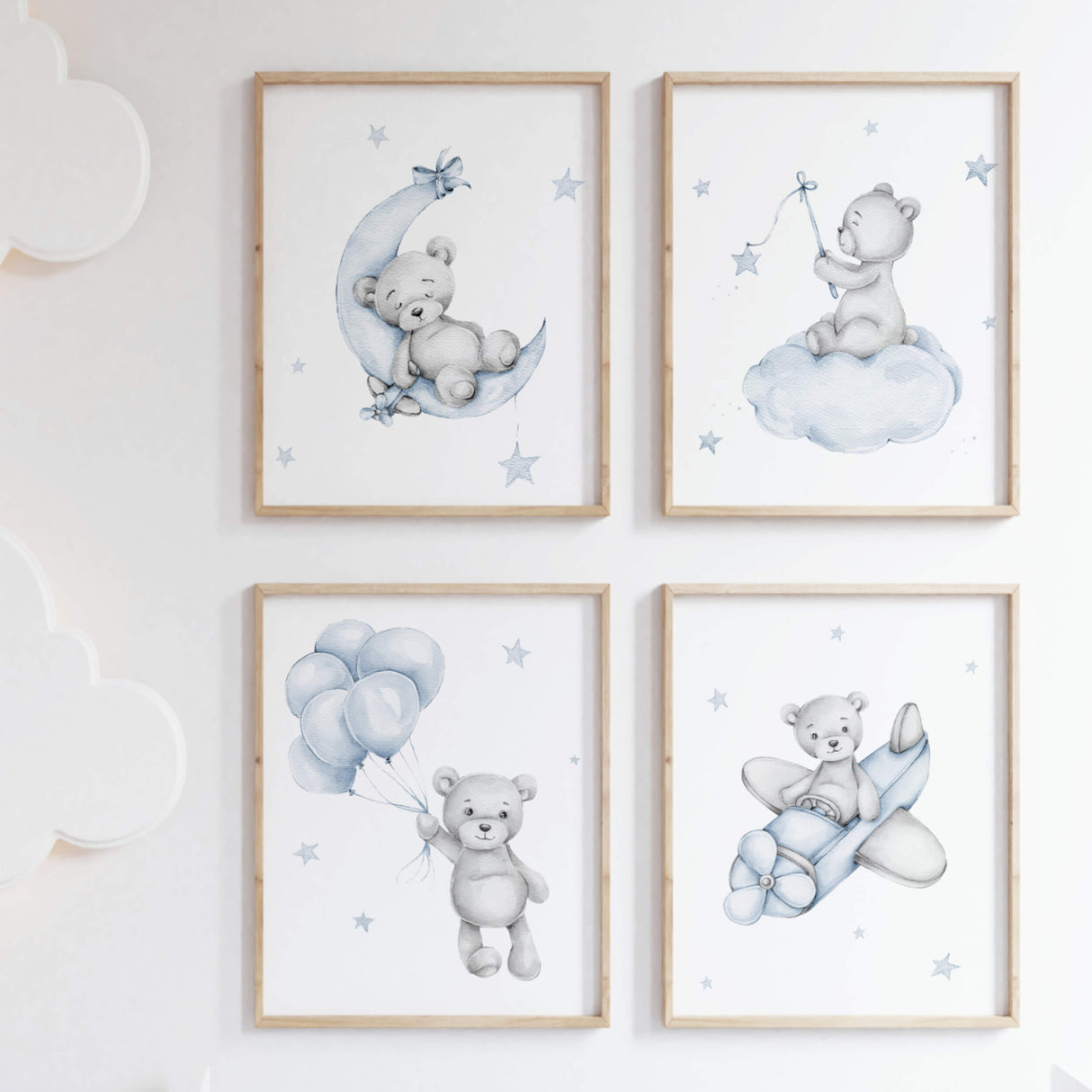 Set of 4 watercolor light blue and gray teddy bear print for toddler and baby boys room decor.