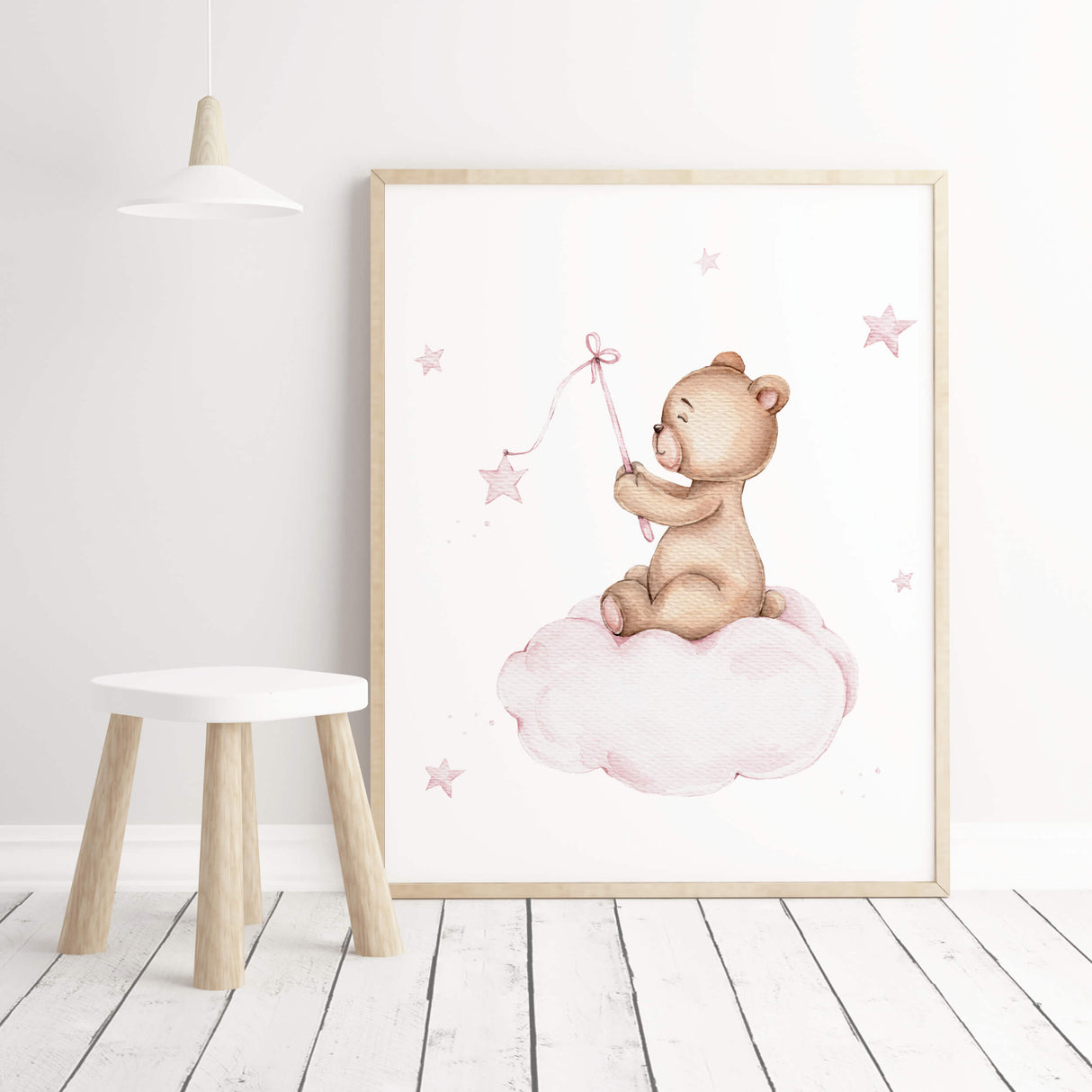 Watercolor teddy bear on the cloud print in light pink and brown colors for baby girls room decor.