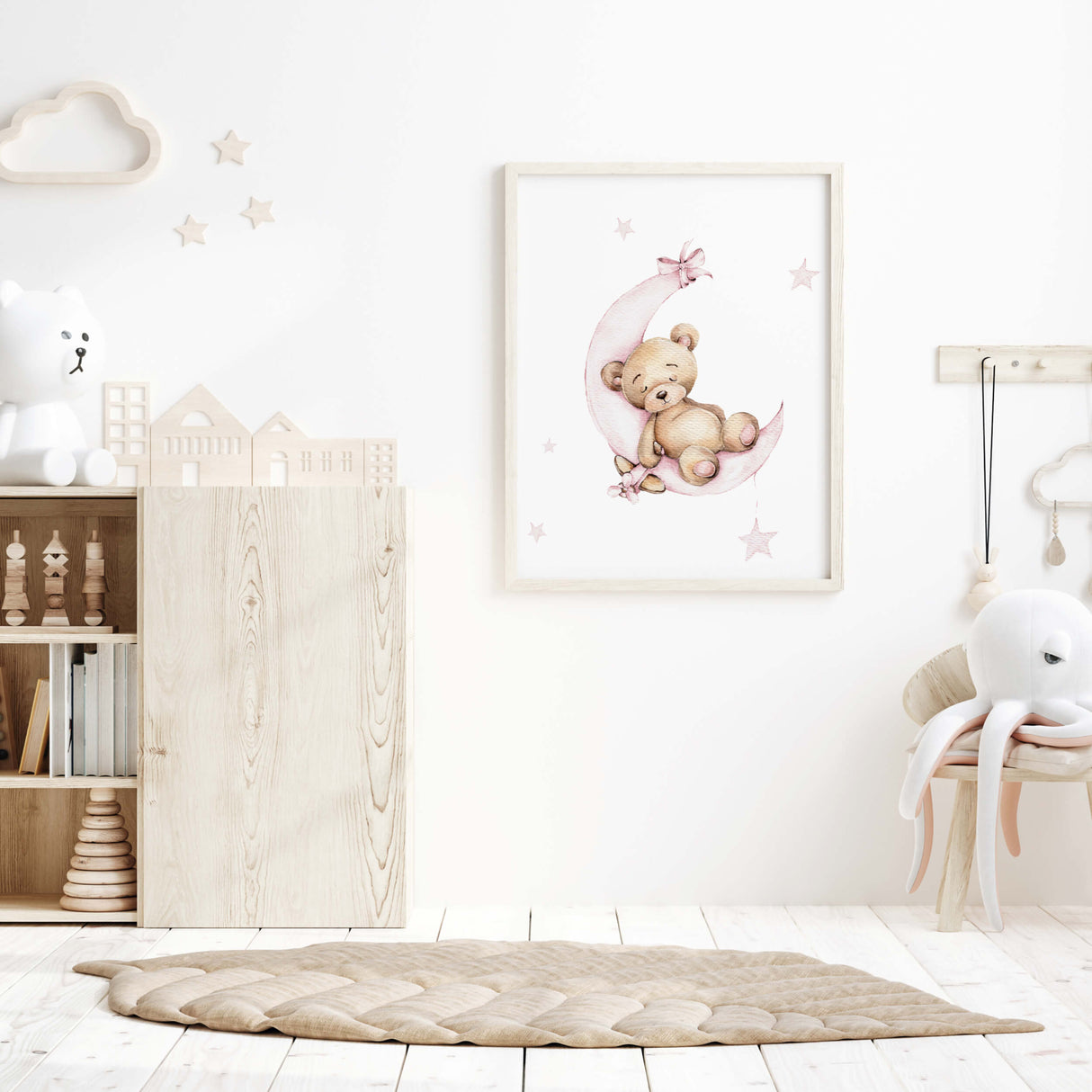 Watercolor teddy bear on the moon print in light pink and brown colors for baby girls room decor.