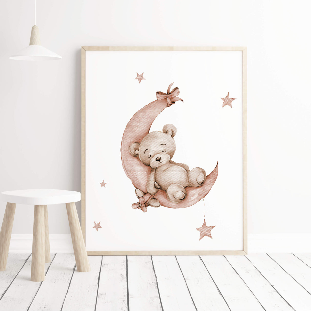 Set of 3 watercolor brown terracotta teddy bear one the moon poster for neutral nursery decor.