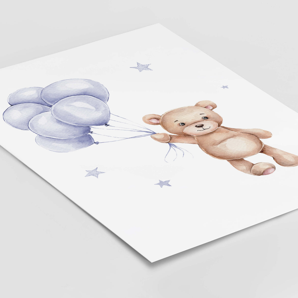 Watercolor teddy bear with balloon print in sky blue and brown color for gender neutral nursery decor.
