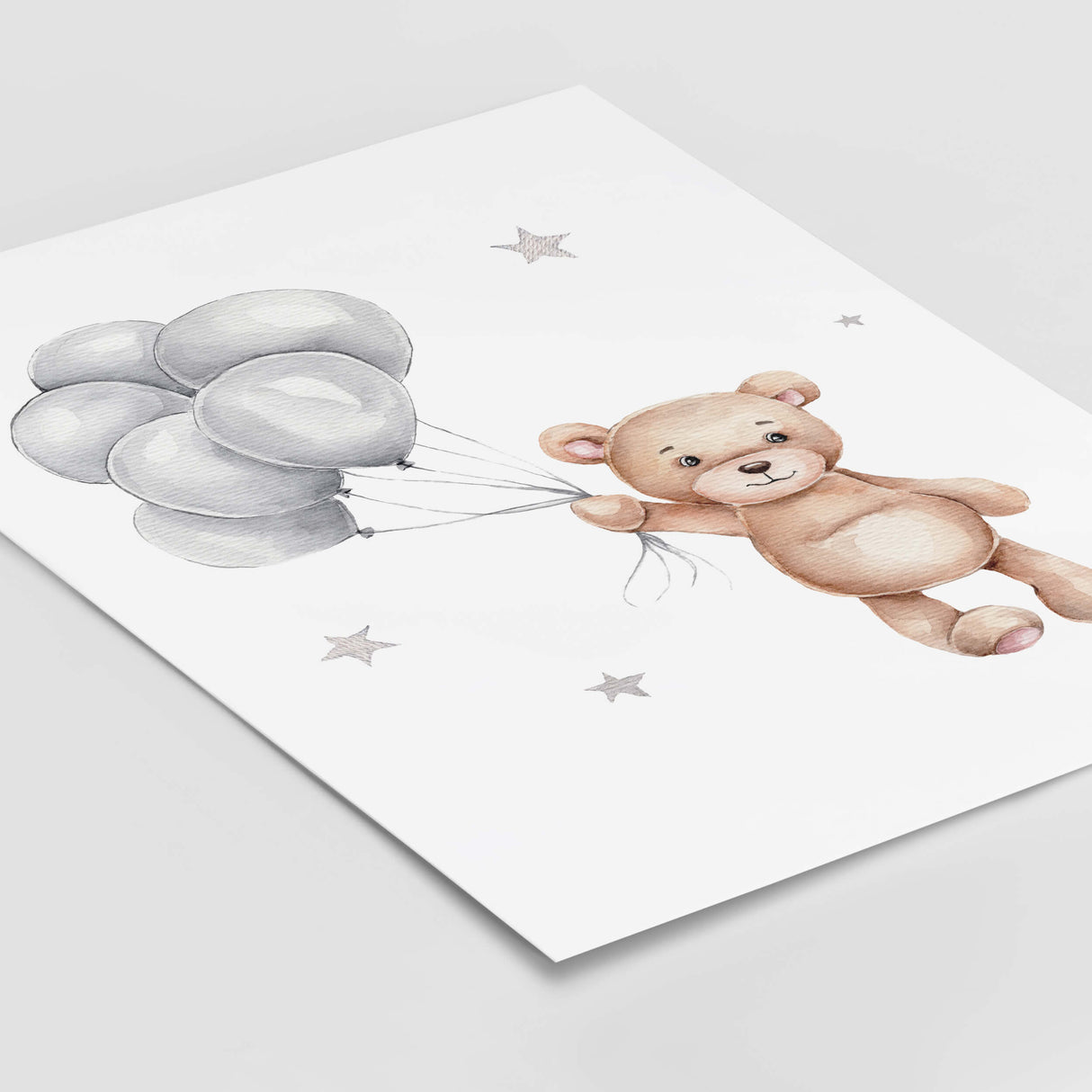 Watercolor teddy bear in brown, gray colors with balloon printable for gender neutral nursery decor, toddler room decor and girls nursery decor.