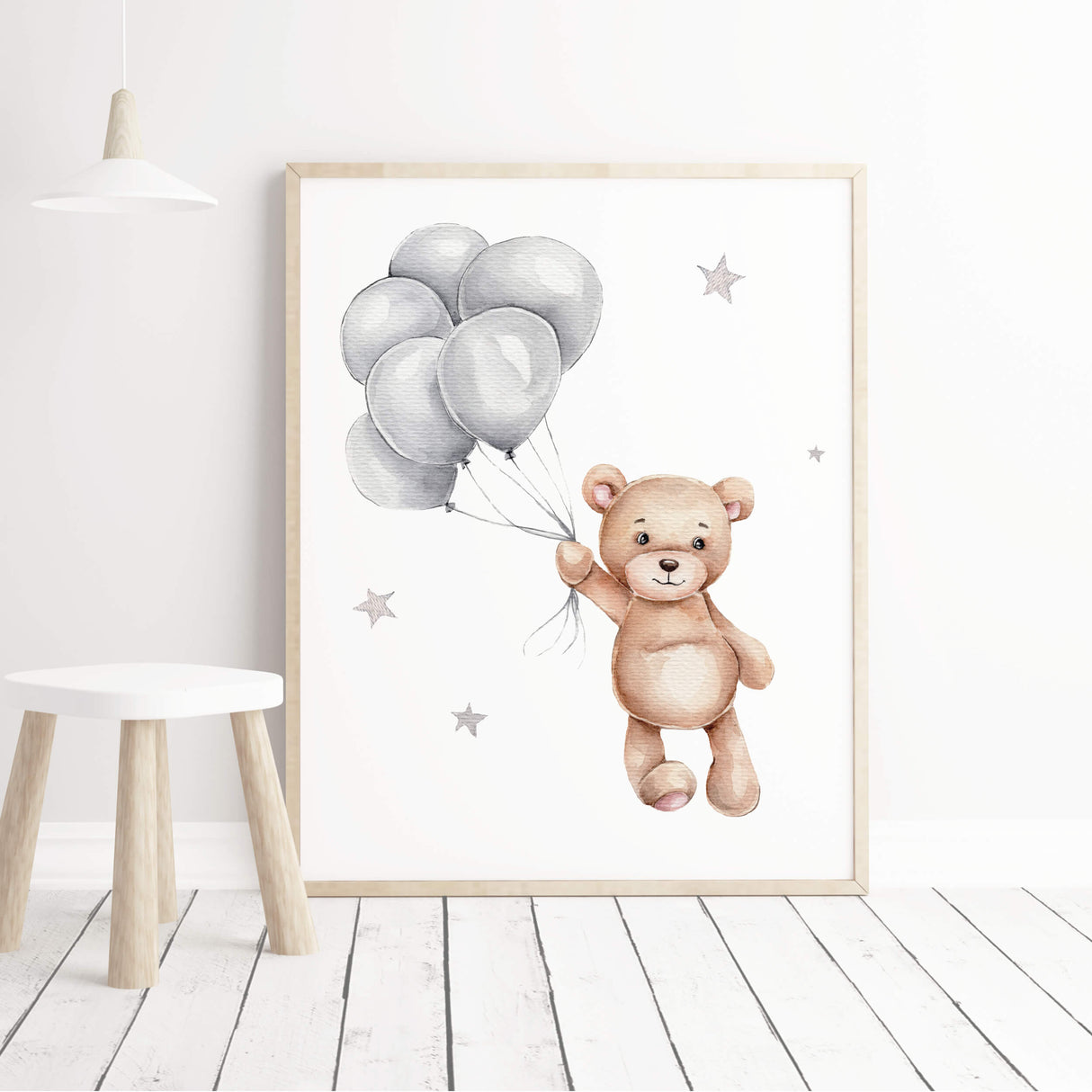Watercolor teddy bear in brown, gray colors with balloon print for gender neutral nursery decor, toddler room decor and girls nursery decor.