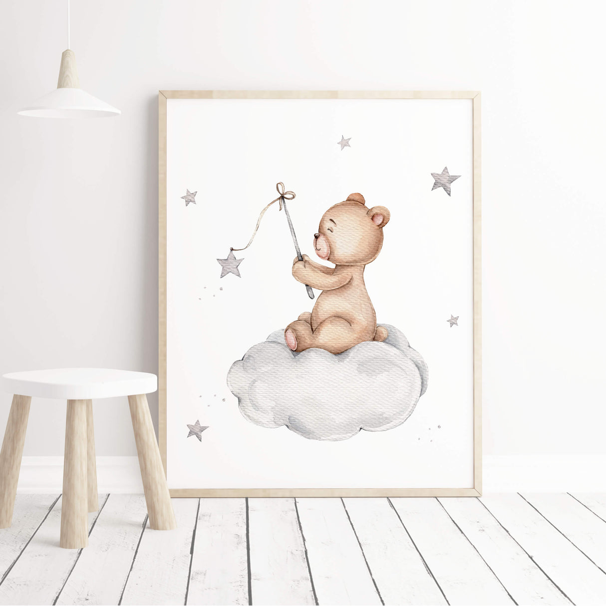Watercolor teddy bear on the cloud in brown, gray colors poster for gender neutral nursery decor, toddler room decor and girls nursery decor.