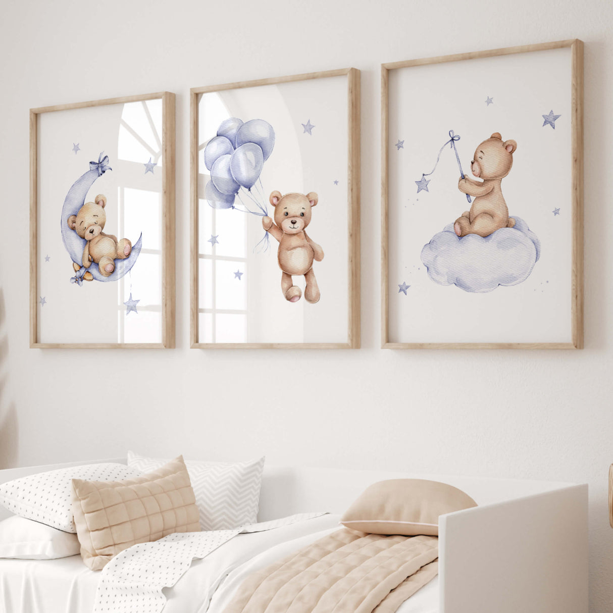 Set of 3 watercolor teddy bear in sky blue and brown color for gender neutral nursery ideas.