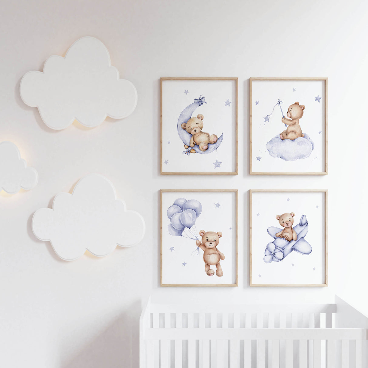 Set of 4 watercolor teddy bear in sky blue and brown color for gender neutral nursery ideas.