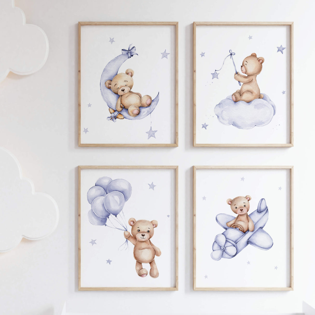Set of 4 watercolor teddy bear in sky blue and brown color for gender neutral nursery wall decor.