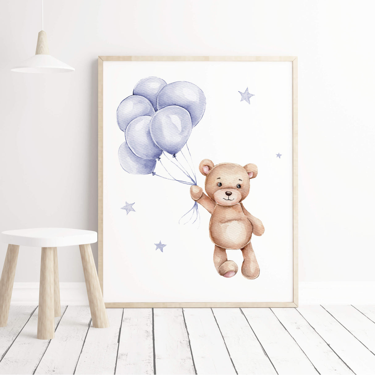 Watercolor teddy bear with balloon poster in sky blue and brown color for gender neutral nursery decor.