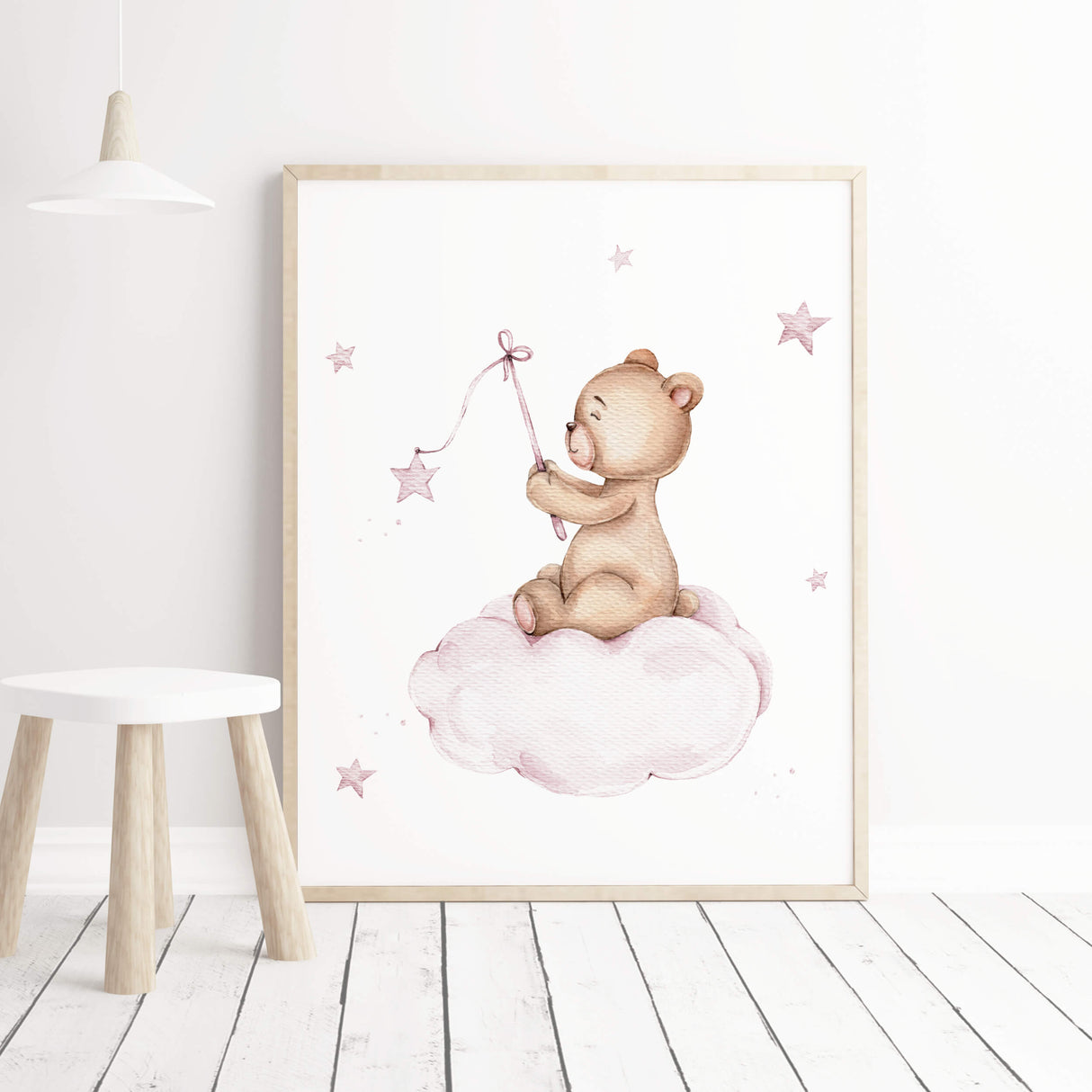 Watercolor teddy bear on the cloud in pink color for girls pink nursery decor.