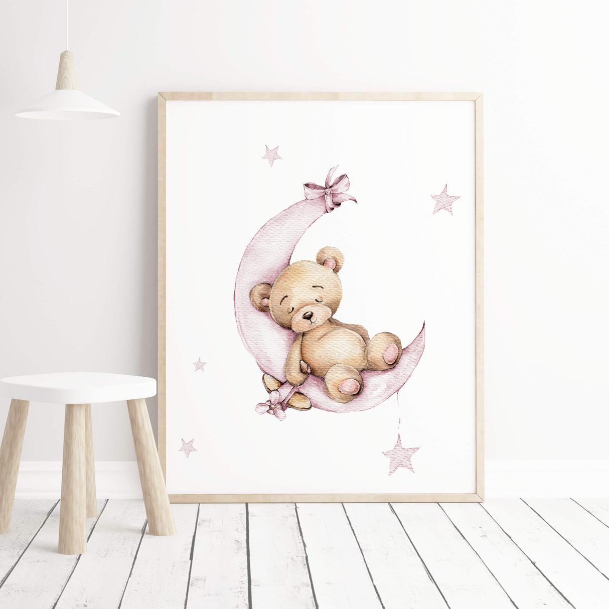 Watercolor teddy bear on the moon with pink, brown color for baby girls room decor.