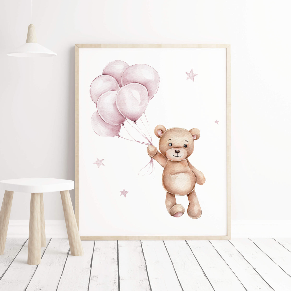 Teddy bear with pink ballon and stars print for girls nursery wall art.