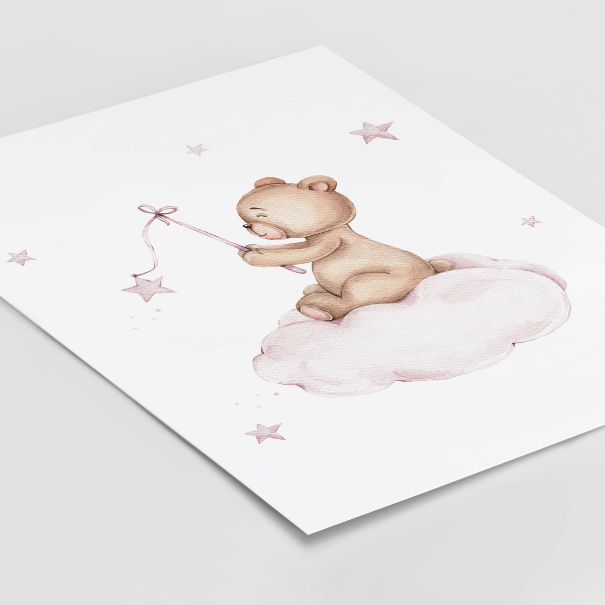 Watercolor teddy bear on the cloud with stars printable for baby girls room decor.