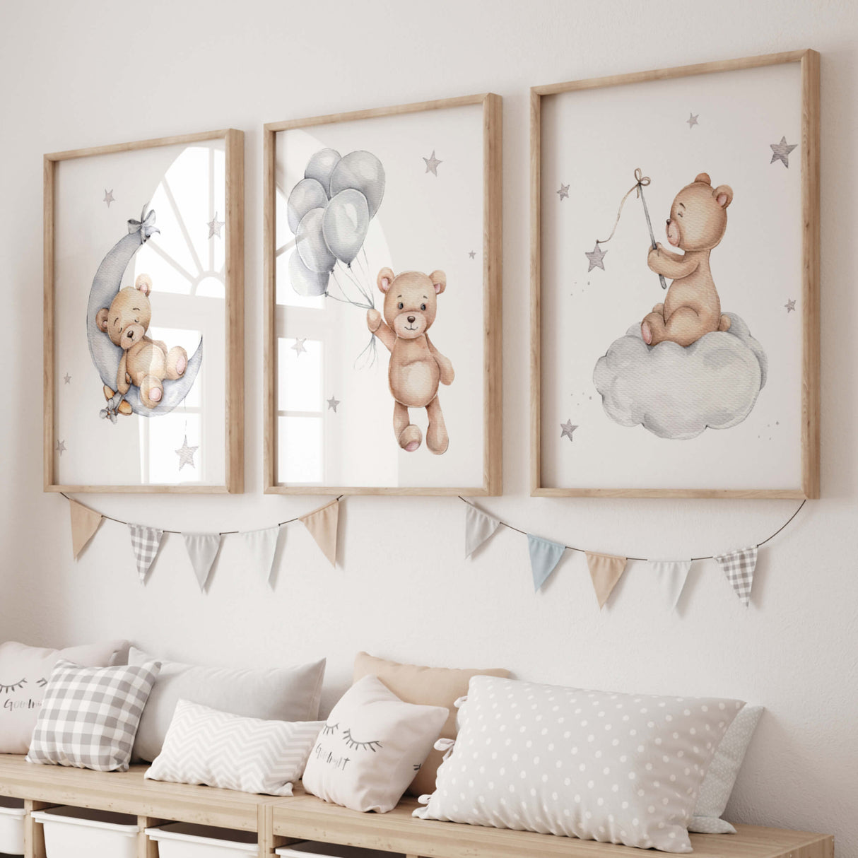 Set of 3 watercolor teddy bear in brown, gray colors for gender neutral nursery decor.