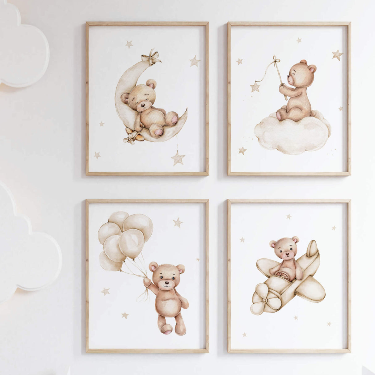 Set of 4 teddy bear with beige moon, clour, airplane and stars for neutral nursery decor.