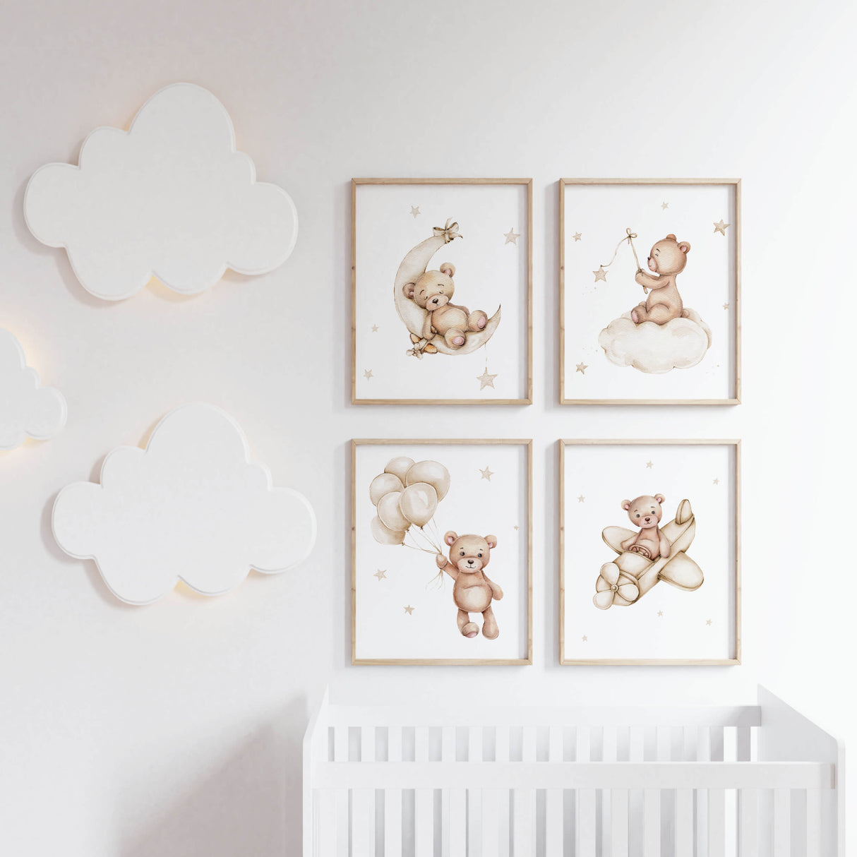 Set of 4 teddy bears with beige accessories - moon, cloud, plane, balloon - prints for gender-neutral nursery room decoration.