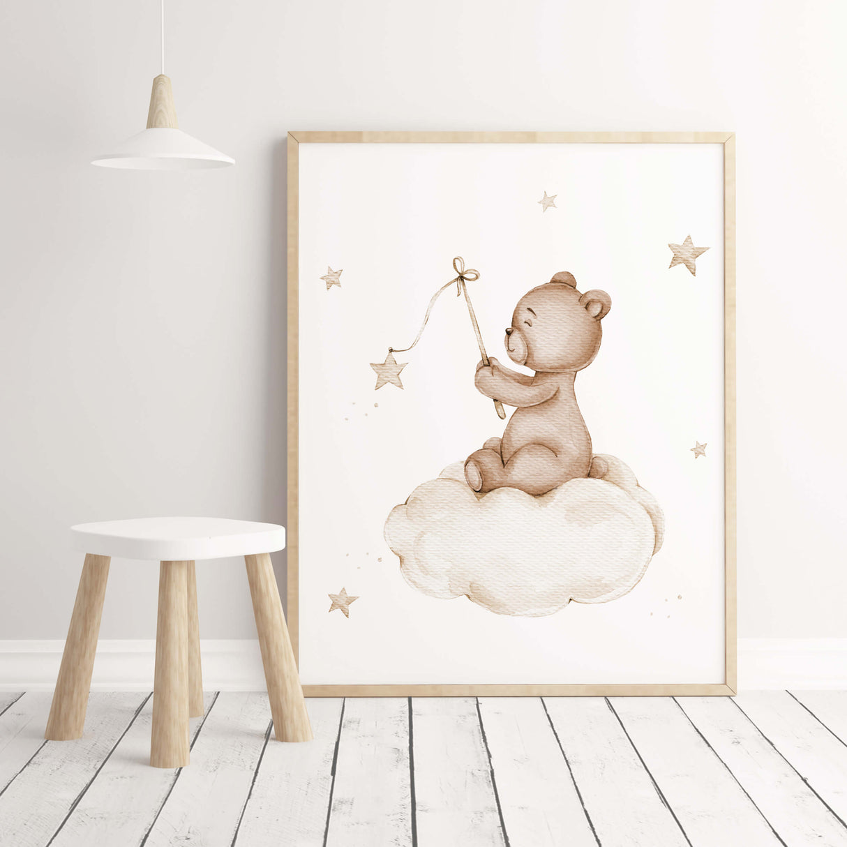 Watercolor beige brown teddy on the cloud print for boho gender neutral nursery decor.
