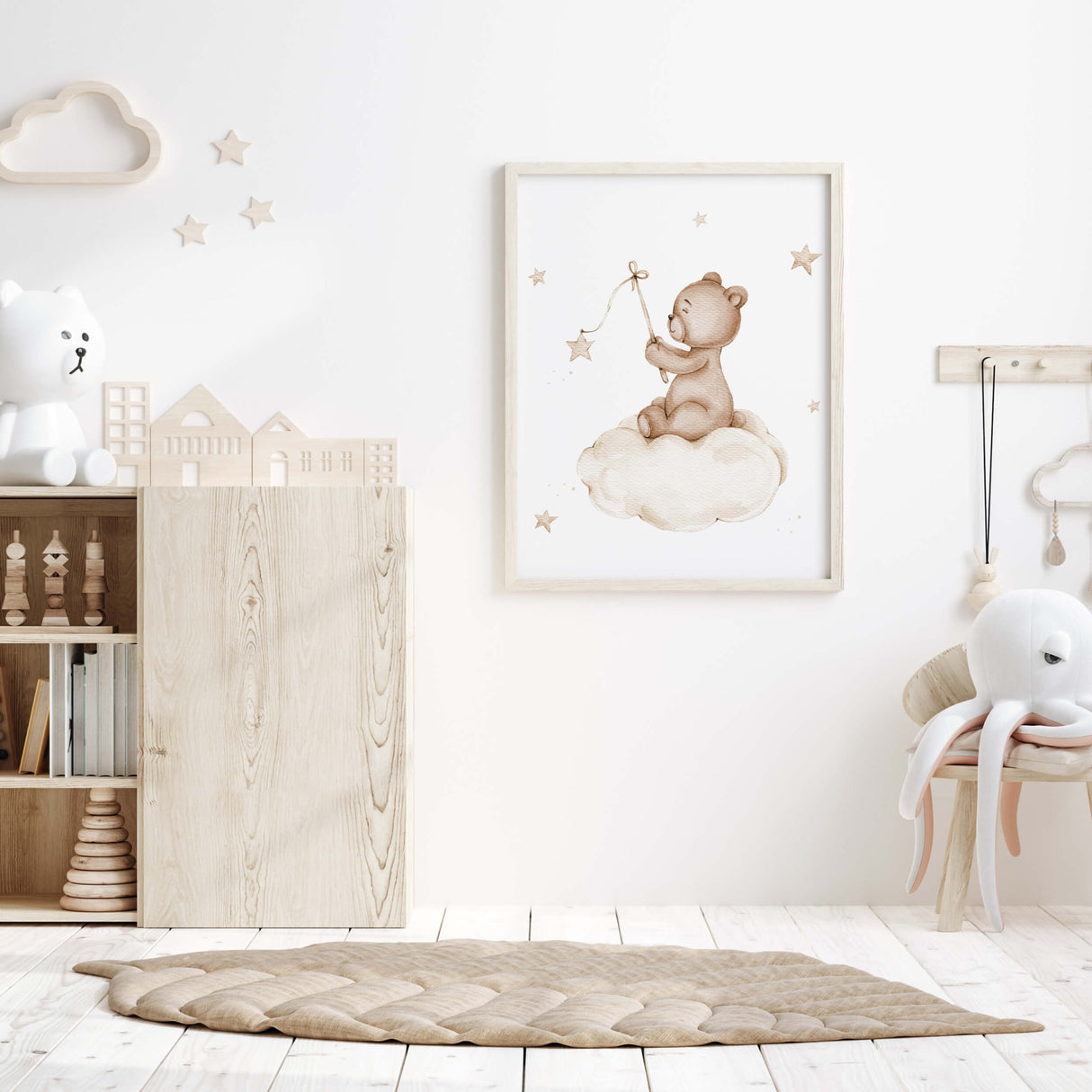 Watercolor beige brown teddy on the cloud print for boho neutral nursery decor.