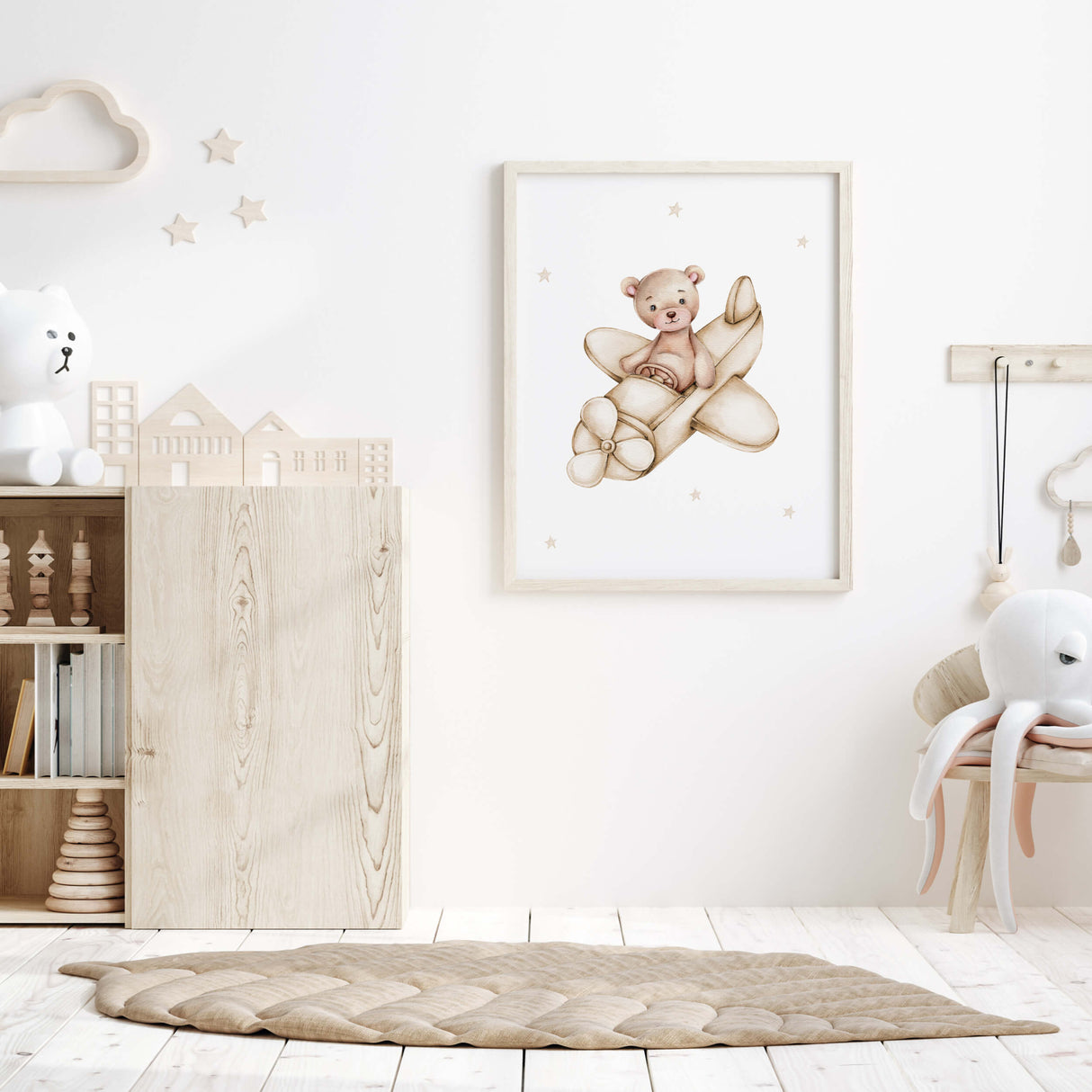 Teddy Bear with Airplane Nursery Print - Beige