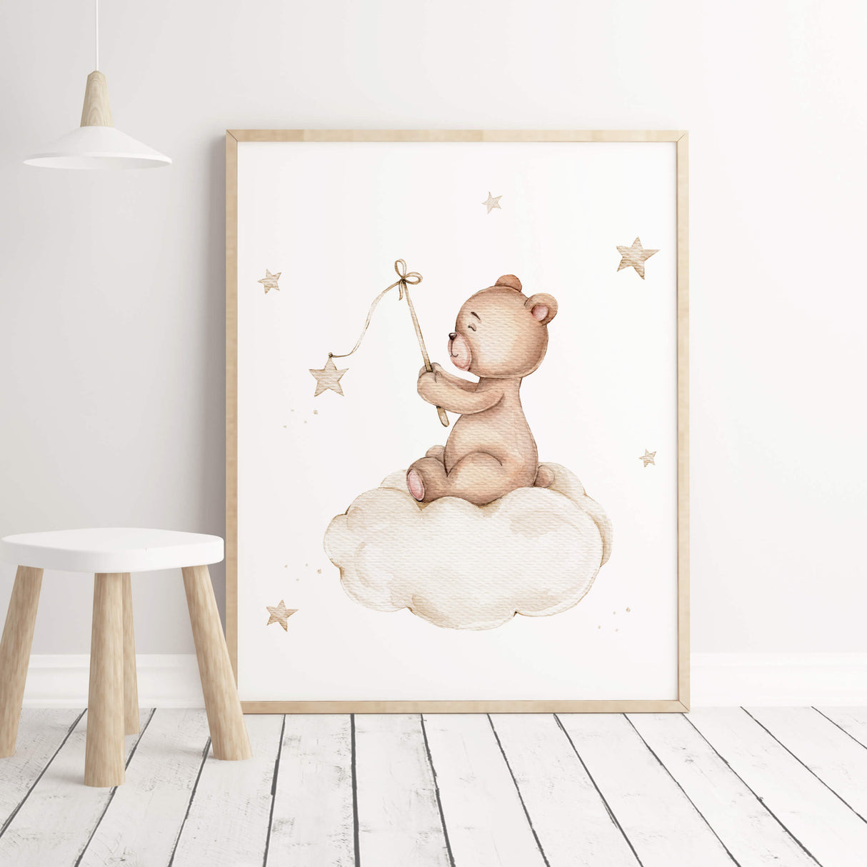 Teddy bear on the cloud print with beige cloud and stars for neutral nursery decor and beige brown nursery room decoration.