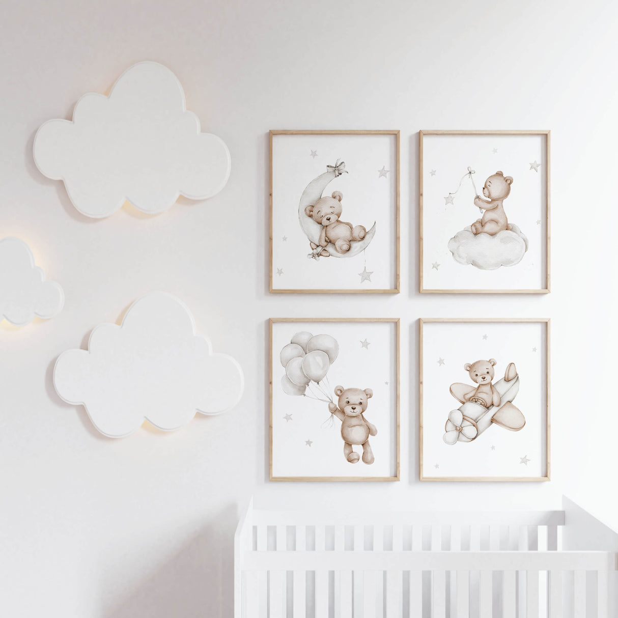 Set of 4 watercolor teddy bear in stone white color print for white nursery decor.