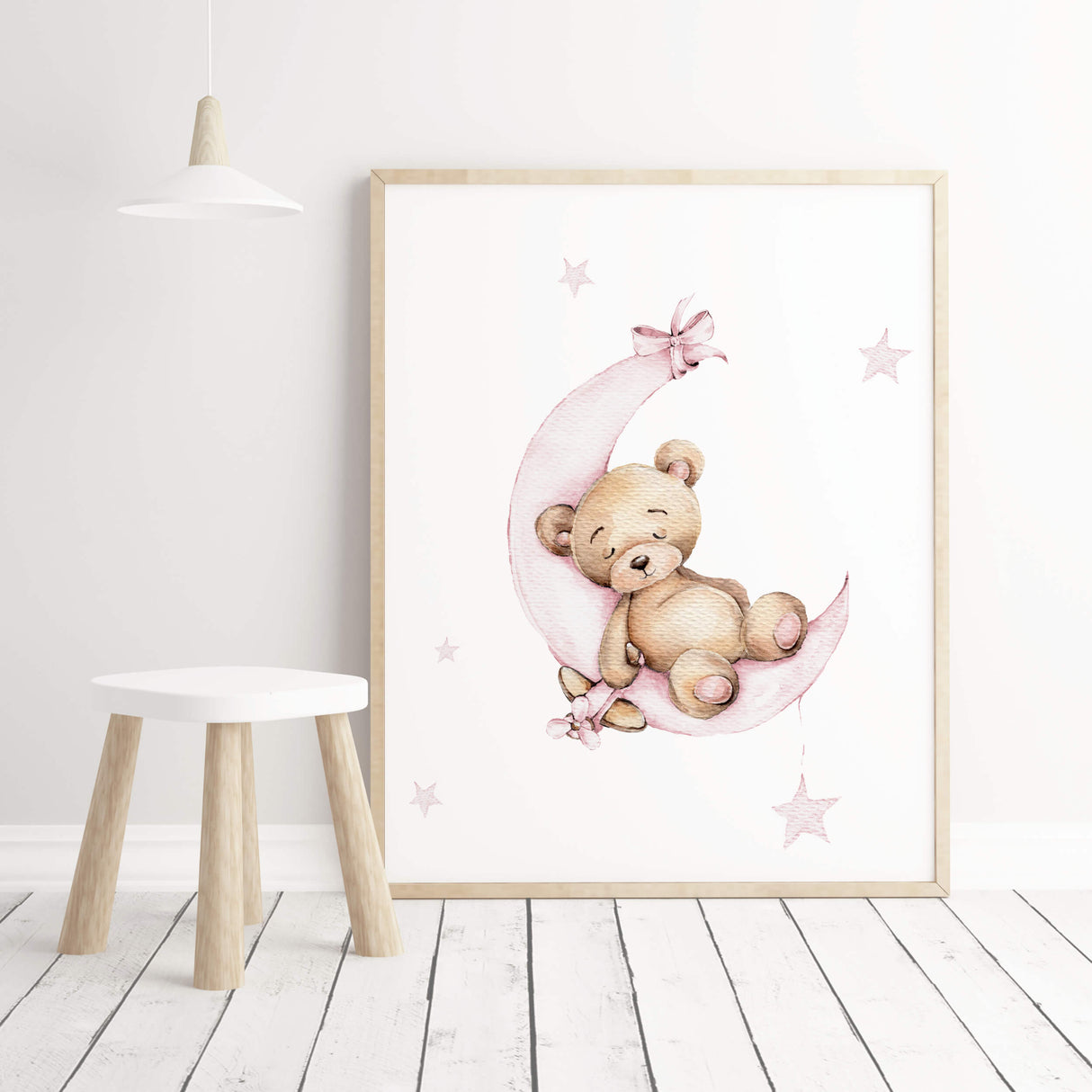 Watercolor teddy bear on the moon print in light pink and brown colors for baby girls room decor.