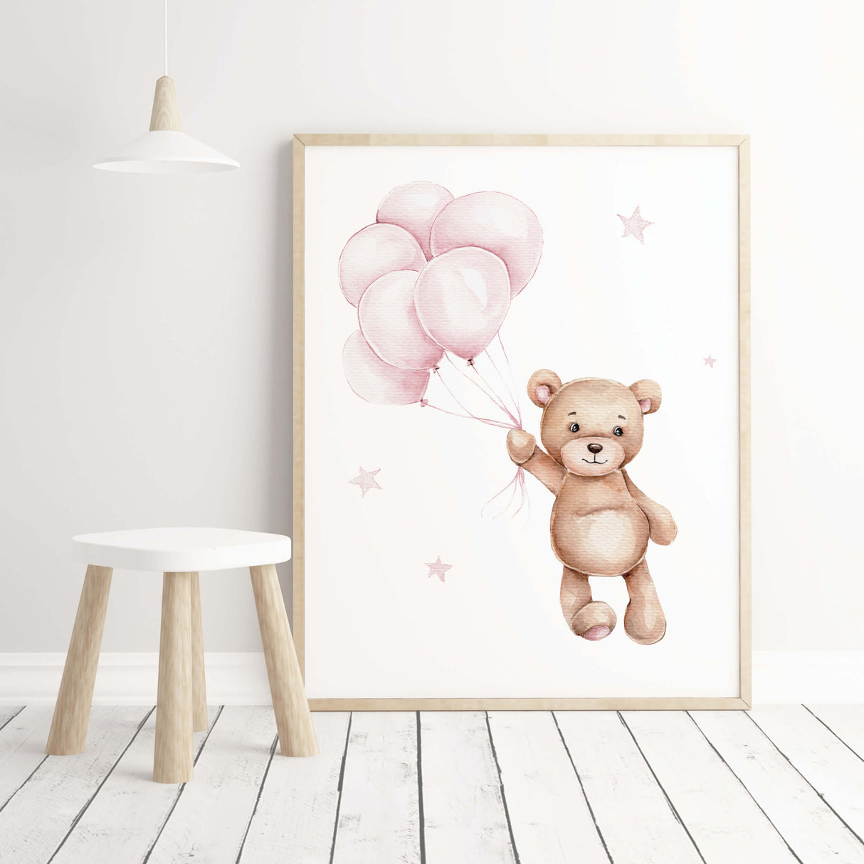 Watercolor teddy bear with balloon print in light pink and brown colors for baby girls room decor.