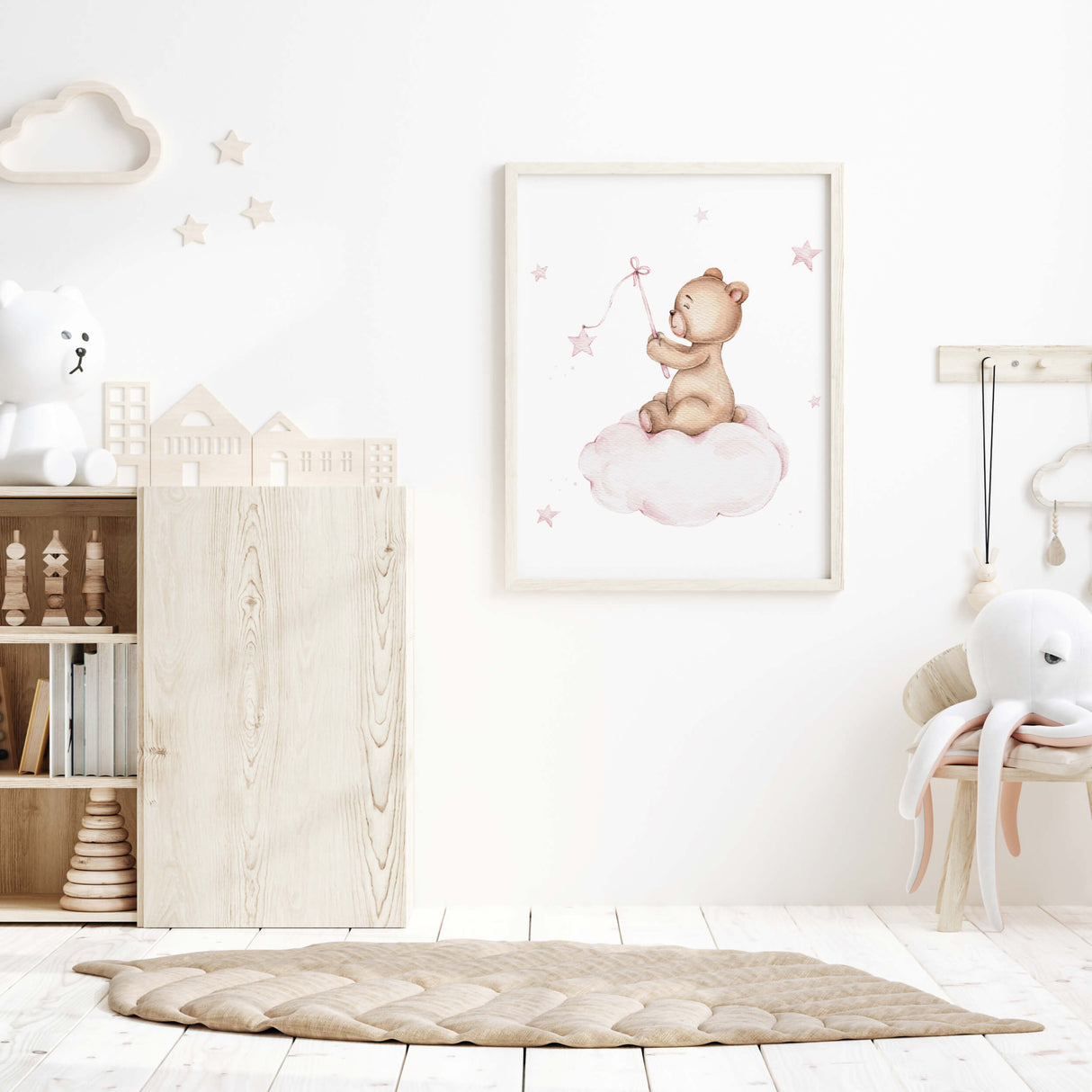 Watercolor teddy bear on the cloud print in light pink and brown colors for pastel nursery decor.