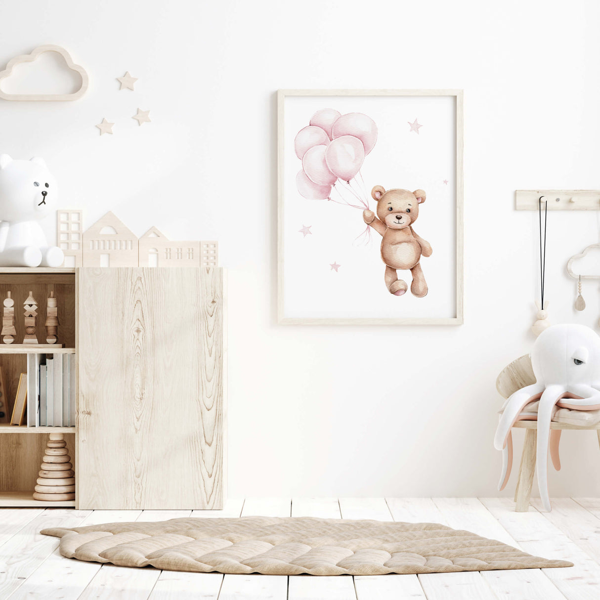 Watercolor teddy bear with balloon poster in light pink and brown colors for pastel nursery decor.