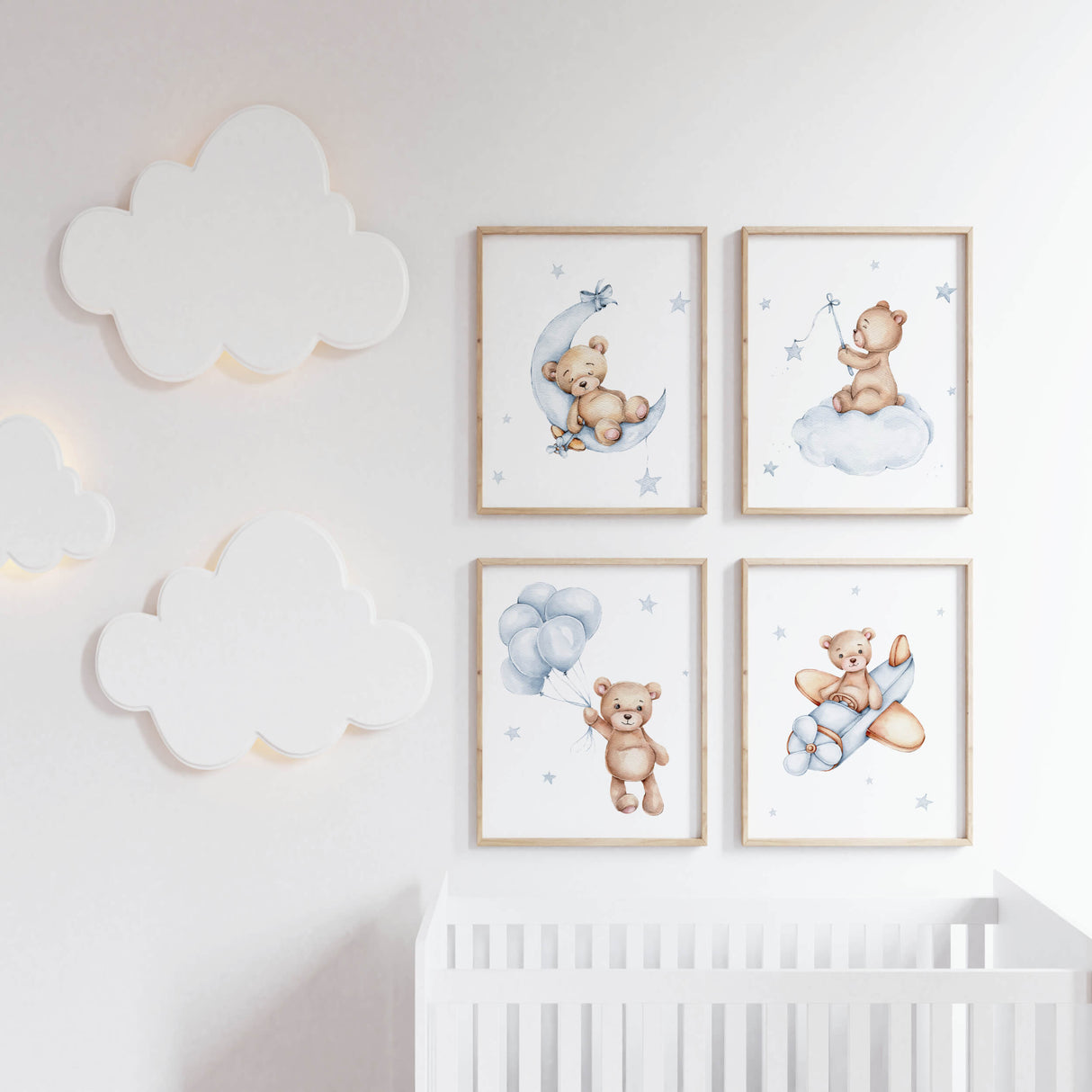 Light blue brown nursery decor with teddy bear prints.