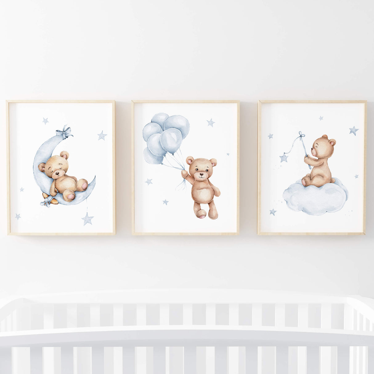 Set of 3 blue teddy bear print for toddler and boys room decor with blue color.