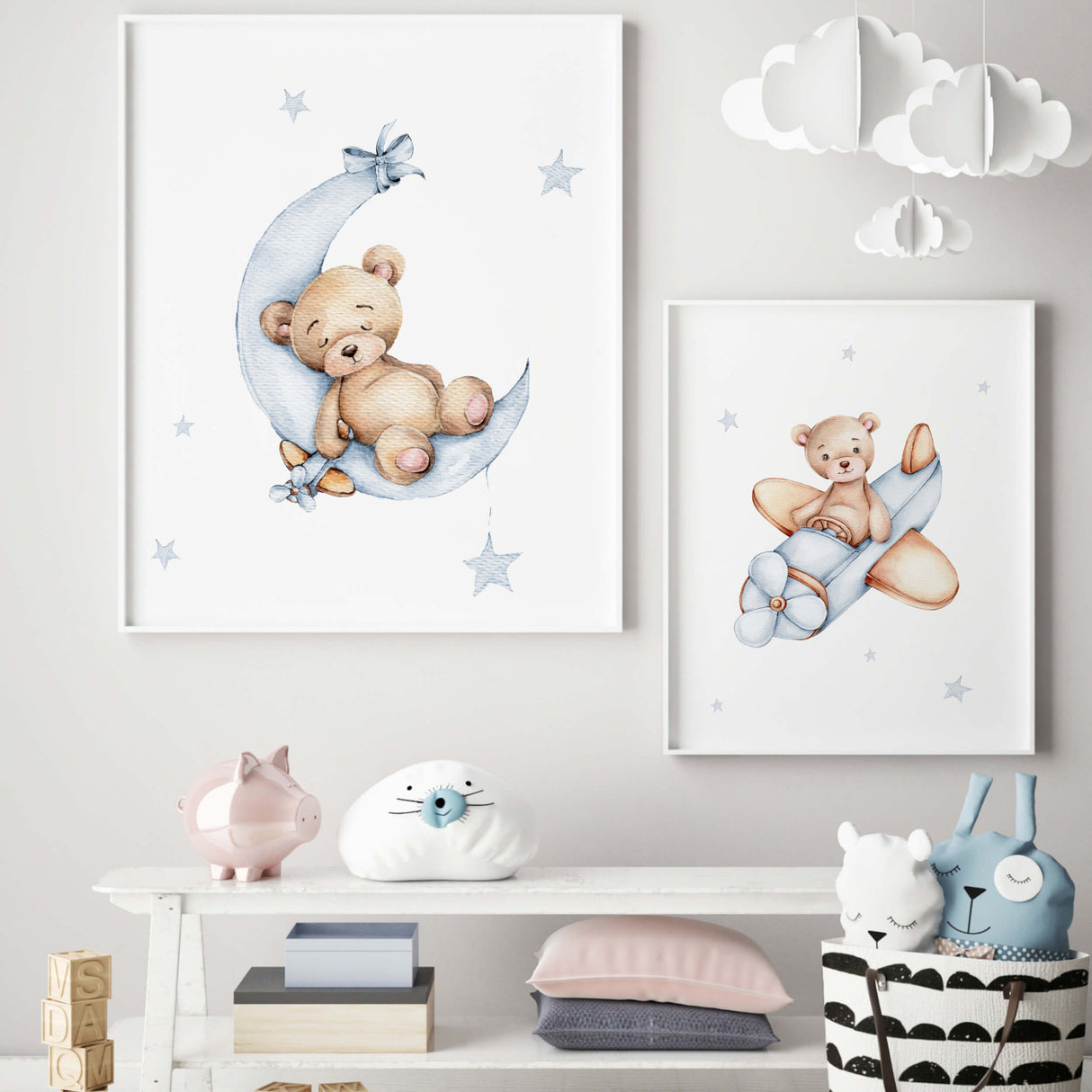 Set of 2 teddy bear printable for light blue boys room decor.