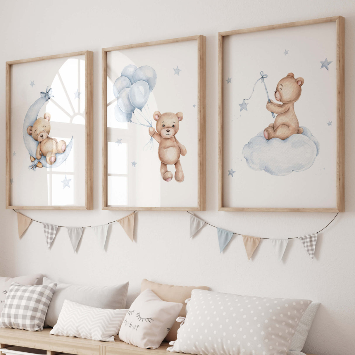 Set of 3 Teddy bear prints with moon, balloon and cloud for neutral room decor ideas with brown and blue color.